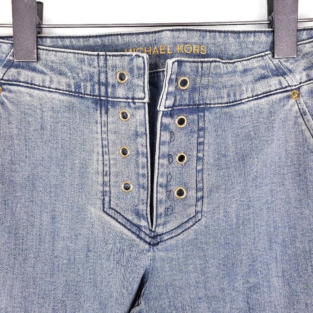 MICHAEL KORS Light Vintage Wash Super Flare Low Rise Lace Up Jeans Size: 2 - Picture 2 of 7